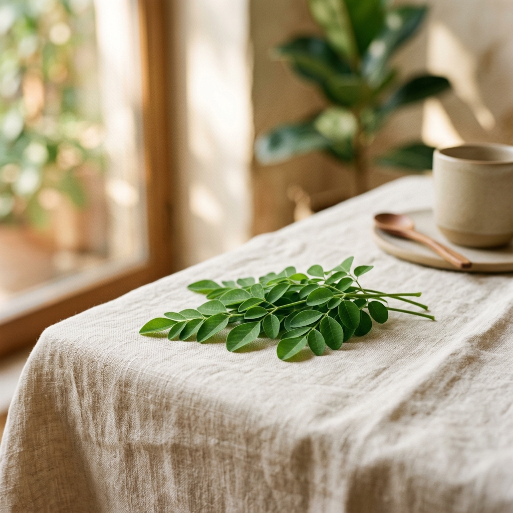 Fresh Moringa oleifera leaves resting on a natural linen tablecloth